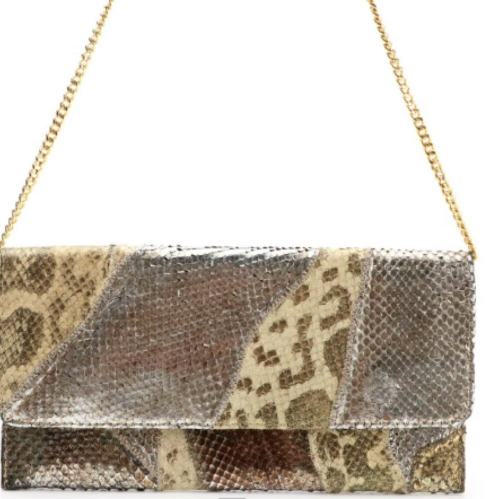 Carlos Falchi Patchwork Python Leather Front-Flap Clutch on Chain/VINTAGE - Picture 9 of 10